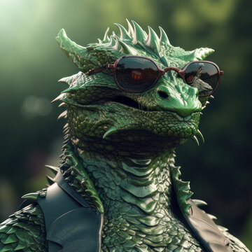 A dragon in sunglasses and a leather vest against a background of nature, square photo. AI generative.