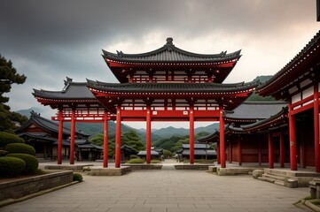 Obraz premium a beautiful japanese village city town in the morning. buddhist temple shinto shrine. AI Generated