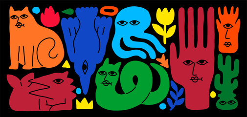 Abstract creatures. Cartoon characters. Doodle monster figures. Various art bizarre. Happy childish strange group. Hand with face. Cat and bird. Silhouette animal shapes. Vector isolated illustration