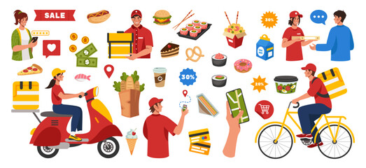 Food delivery. Takeaway lunch. Courier on fast scooter or bike. People with sushi or pizza. Meal sale. Online service app. Pay for purchase. Cafe delivering elements set. Vector flat tidy illustration
