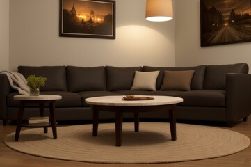Round coffee table between wicker chair and sofa against fireplace. AI Generated