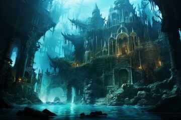Underwater sunken city in blue ocean. Generative AI - obrazy, fototapety, plakaty