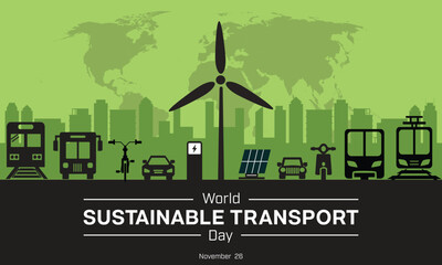 Fototapeta premium World Sustainable Transport Day design. It features silhouette of different type of transportation with city skyline in the background. Vector illustration