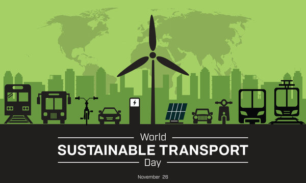 World Sustainable Transport Day design. It features silhouette of different type of transportation with city skyline in the background. Vector illustration
