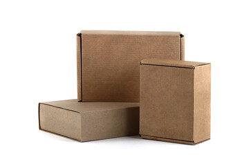 Three cardboard packaging craft boxes for transportation isolated on white background