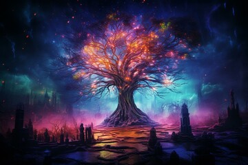 Obraz na płótnie Canvas An image depicting a mystical tree in an abandoned cemetery surrounded by vibrant glowing spirits. Generative AI