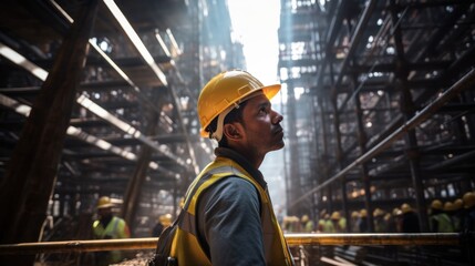 Skilled Engineer in Yellow Safety Vest at Lively Construction Site