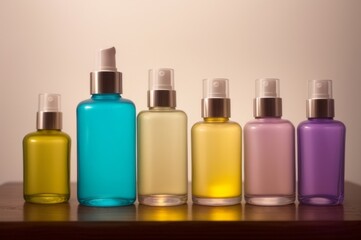 Obraz na płótnie Canvas Five empty plastic cosmetics bottles pastel colors on white background. AI Generated