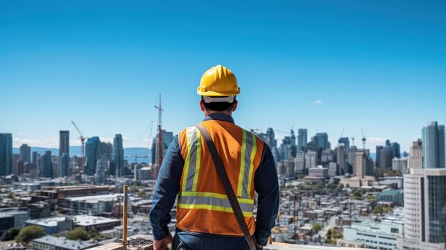Resilient Construction Worker in Yellow Hardhat Overlooking Cityscape