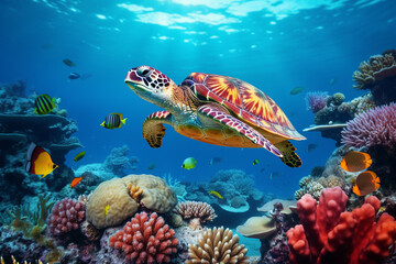 coral reef with turtle and fish 
