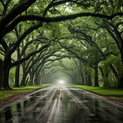 View of oak lined road in Louisiana