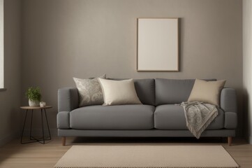 Fabric sofa with grey pillow and blanket against stucco wall. AI Generated