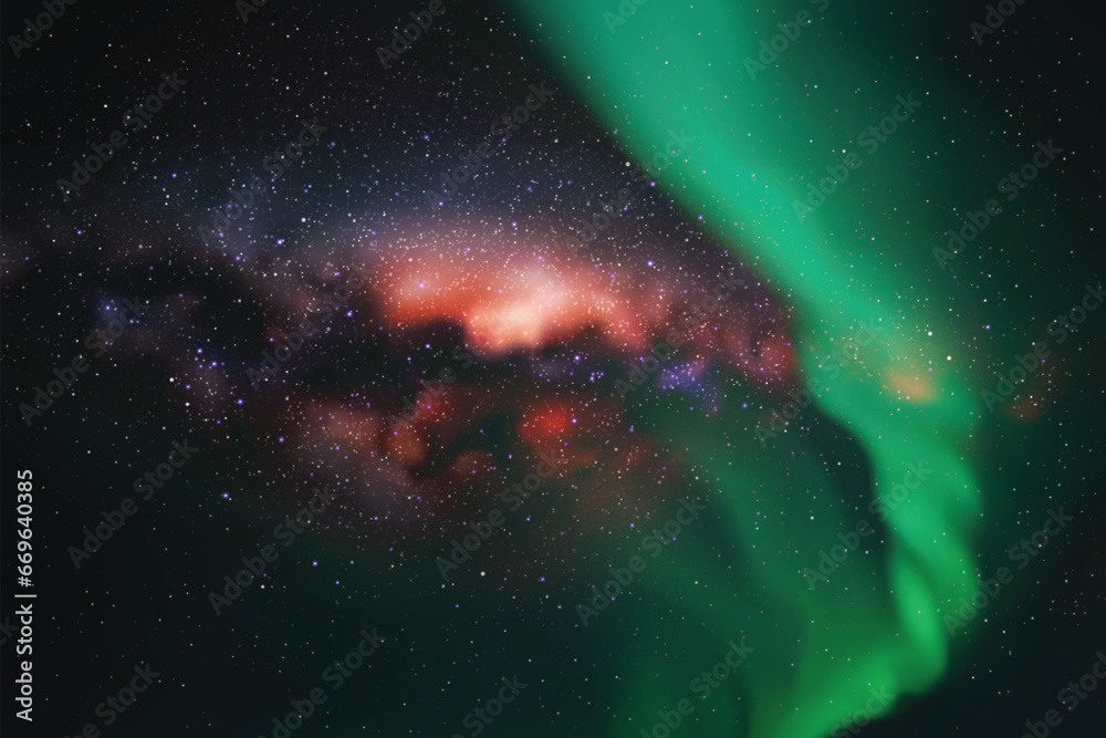 Sticker night starry sky. green aurora borealis. milky way and northern lights
