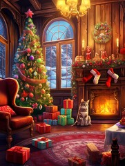 ozy christmas living room decoration with christmas lights and decorations, christmas tree, generative ai