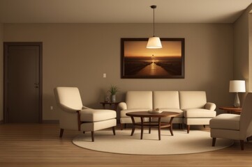 Two beige lounge chairs and round coffee table against wall with frames. AI Generated