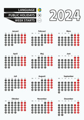 Vector template calendar 2024 with number in circles, simple Swedish calendar for year 2024.