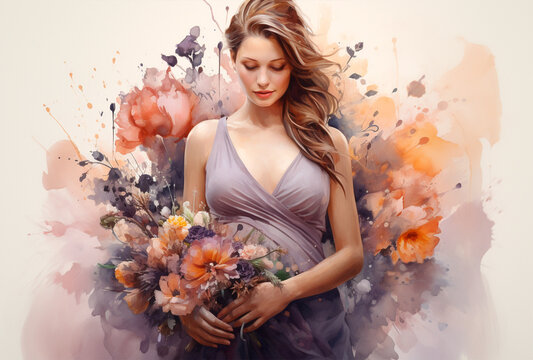 A pregnant woman and flowers, watercolor paints on watercolor paper. Beautiful  illustration. Generative AI