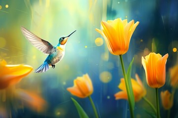 Artistic representation of a vibrant spring scene with a yellow tulip and a hummingbird in motion blur. Generative AI