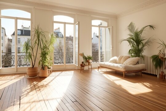 Bright space in a vintage apartment with balcony and hardwood floor. Generative AI