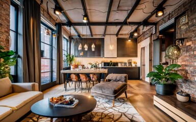 Fototapeta premium Industrial Chic Extravaganza: Dive into the Ultimate New Year's Eve Bash in this Stunning Modern Apartment!