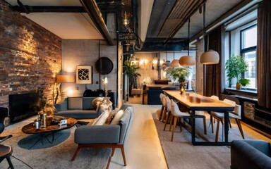Fototapeta na wymiar Countdown to Luxury: Dive into the Ultimate New Year's Eve Bash in this Industrial-Chic Apartment!
