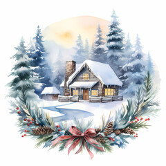 Wreath and snowy cabin, watercolor rural landscape.
