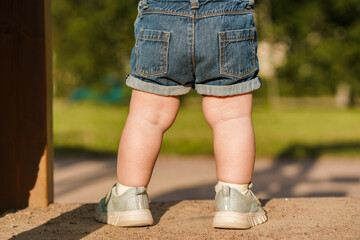 Cute chubby legs of a little child baby in shorts in summer. Space for text.