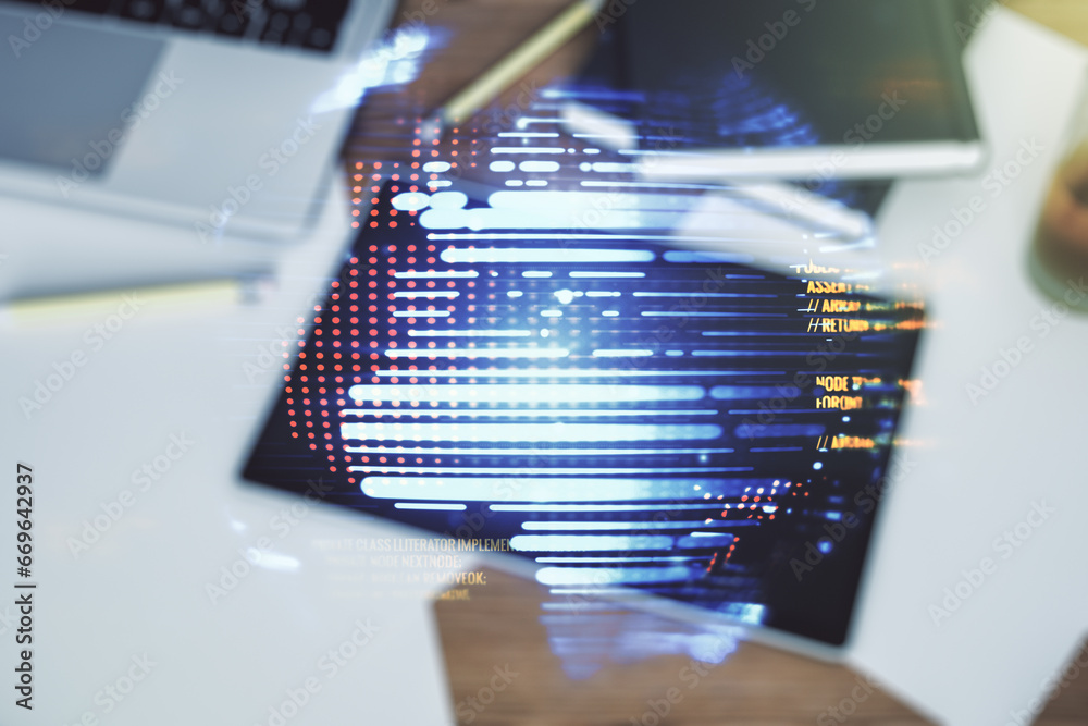 Poster double exposure of abstract creative programming illustration with world map and modern digital tabl