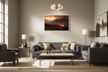 Stylish Living Room Interior with Mockup Frame Poster, Modern interior design. AI Generated