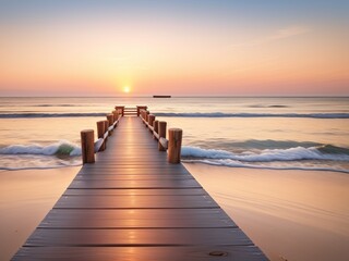 Wooden pier on the beach at beautiful sunset in the evening