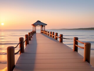 Fototapeta premium Wooden pier on the beach at beautiful sunset in the evening