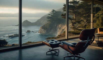 Eames lounge chair in living room overlooking ocean and cliffs.