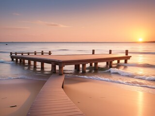 Fototapeta premium Wooden pier on the beach at beautiful sunset in the evening
