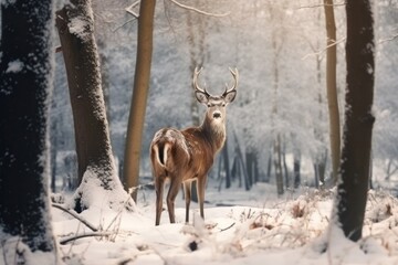 a deer in the forest in the winter snow