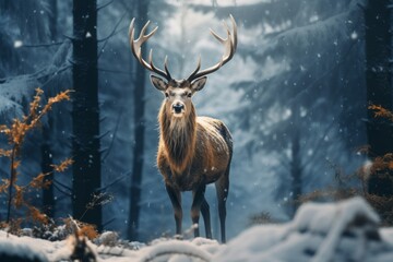 a deer in the forest in the winter snow