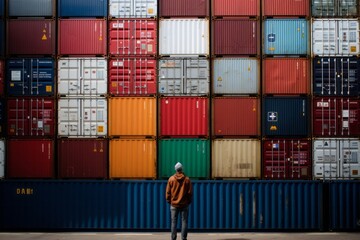 Fototapeta premium a harbour worker standing in the port looking to lots of transport containers