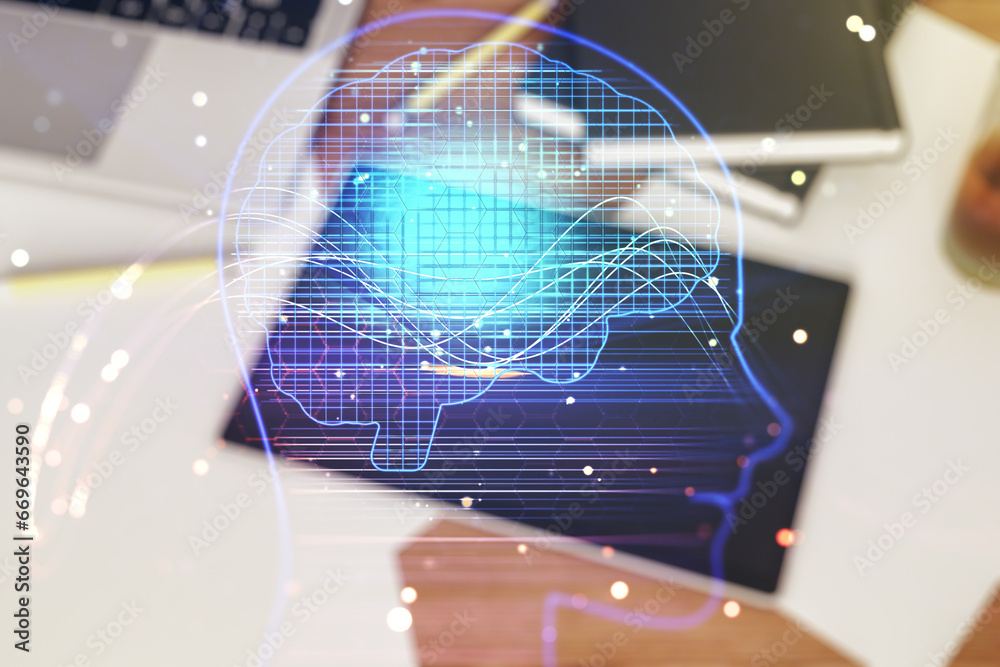 Poster double exposure of creative human head microcircuit and modern digital tablet on background. future 