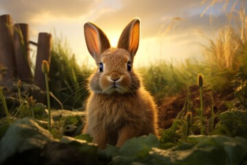 a furry rabbit on the grass under sunset light - Powered by Adobe