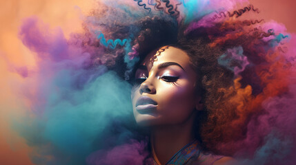 Beautiful afro american woman's face with colorful smoke coming out of her hair - obrazy, fototapety, plakaty