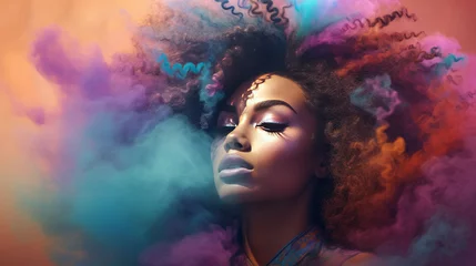Foto auf Acrylglas Beautiful afro american woman's face with colorful smoke coming out of her hair © NK