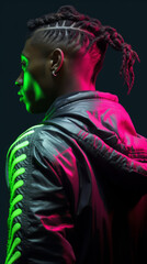 Portrait of fashion man with dreadlocks in pink and green neon light in the studio