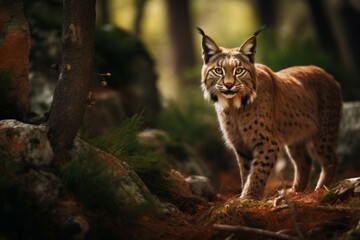 Fototapeta premium lynx approaching sigilously in the lush forest