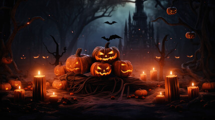 Enchanted Halloween Eve: Pumpkin Lanterns and Candles in a Spooky Forest