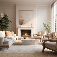 modern minimal and elegant comfortable living room with chimenee in the middle