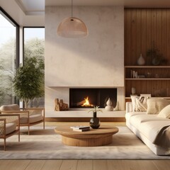 modern minimal and elegant comfortable living room with chimenee in the middle