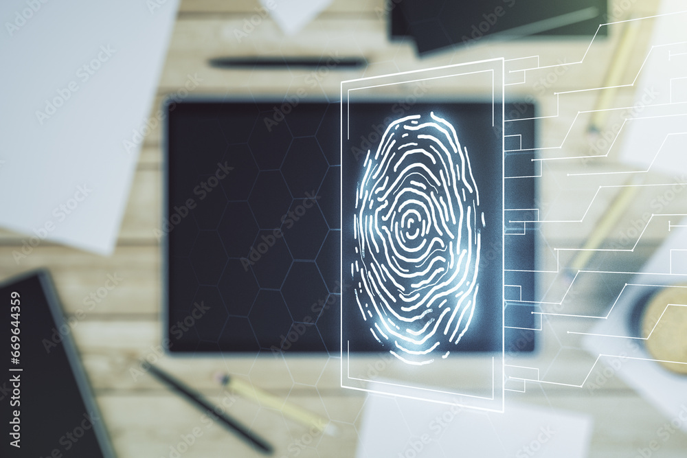 Poster double exposure of abstract creative fingerprint hologram and digital tablet on background, top view