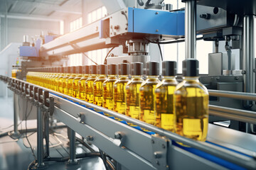 Automated Robotic vegetable oil Production Line. Industrial food production plant indoors - obrazy, fototapety, plakaty
