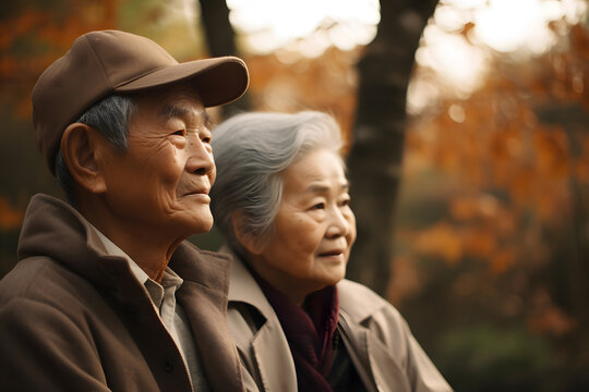 Elderly retiree Asian couple sitting together outdoors, relax and enjoy retirement life