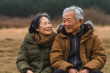 Elderly retiree Asian couple sitting together outdoors, relax and enjoy retirement life