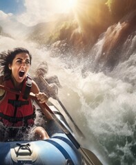 Arabic Female Whitewater Rafting Downstream Backdrop Generative AI - obrazy, fototapety, plakaty